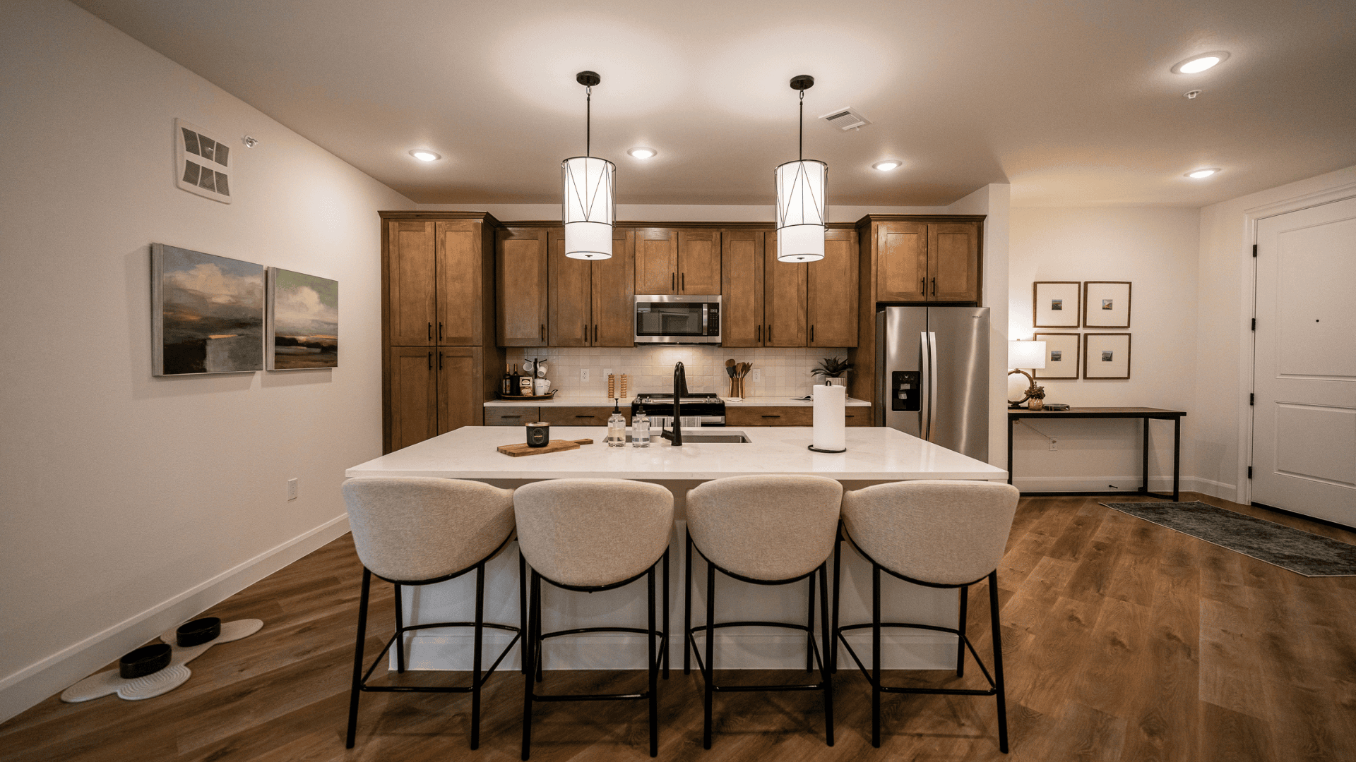 kitchen with barstools at the island